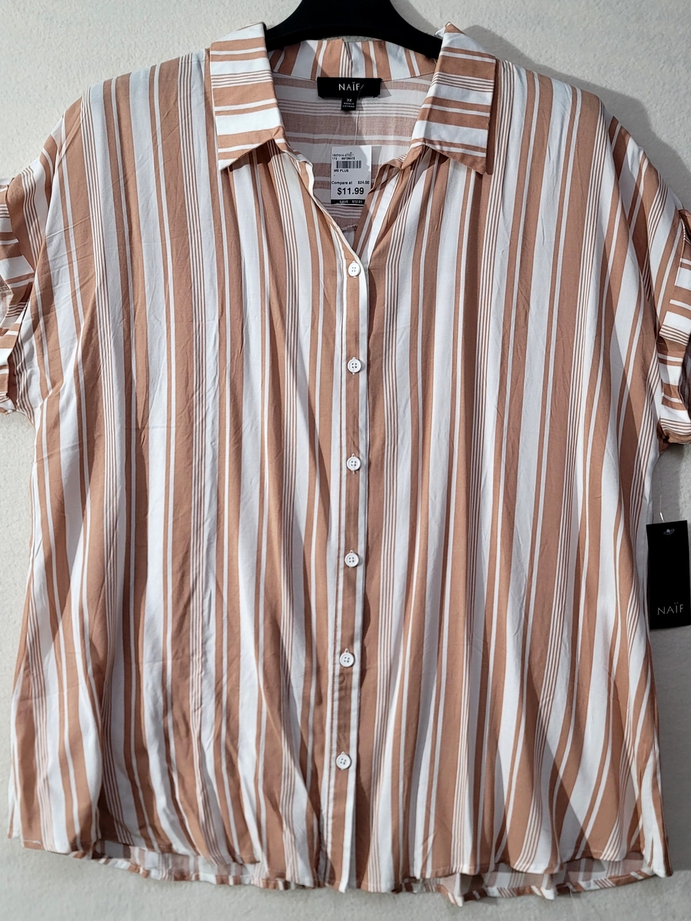NAIF Men's Tan and White Striped Button-Up Shirt